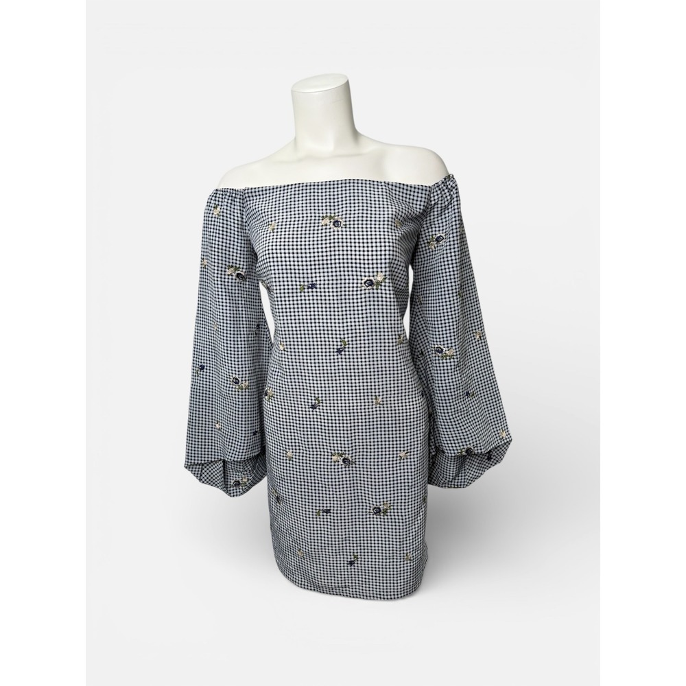 Lucy‎ Paris Gingham Off Shoulder Mini Dress Blue White Embroidered Large NEW